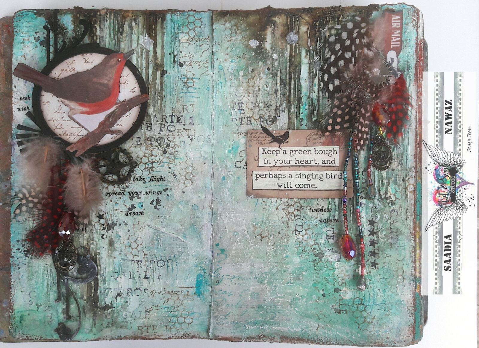 Song bird – A mixed media art journal spread – Saadia Nawaz
