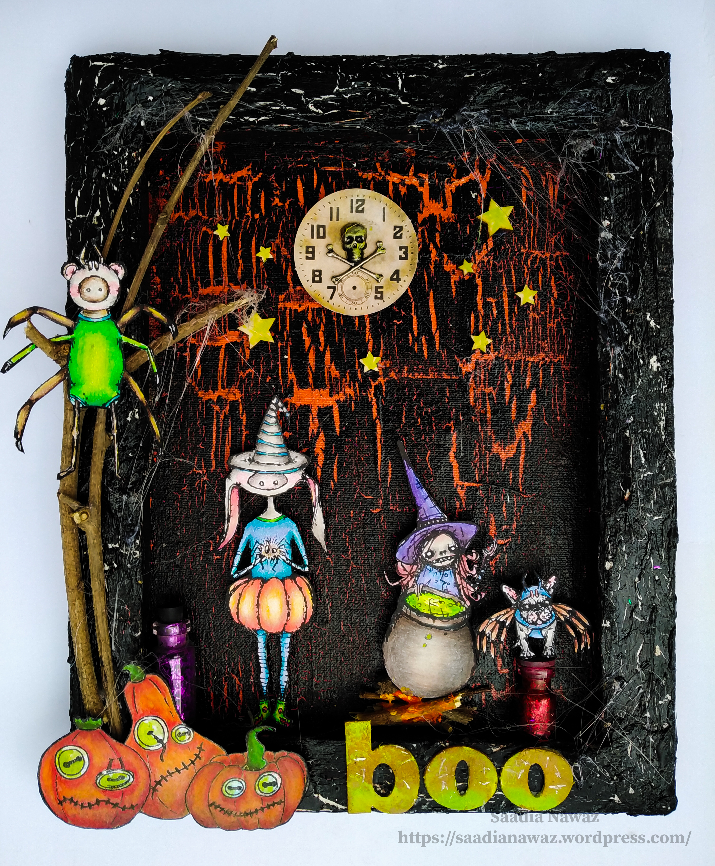 Halloween themed Reverse canvas shadow box with crackle medium and Stampotique Originals stamps 